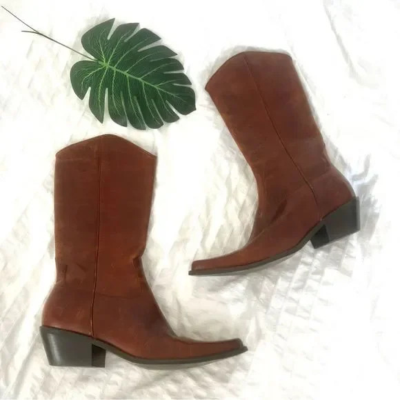 Leather Hand Stitched Mid Calf Western Boots Made In Brazil - Picture 1 of 13